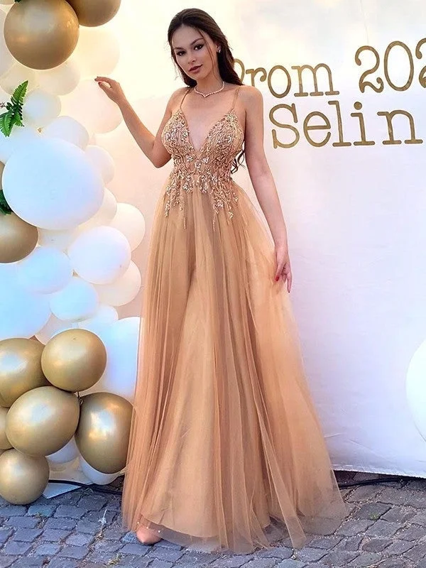 velvet evening gown-A-Line/Princess Tulle Spaghetti Straps Sleeveless Beading Floor-Length Dress