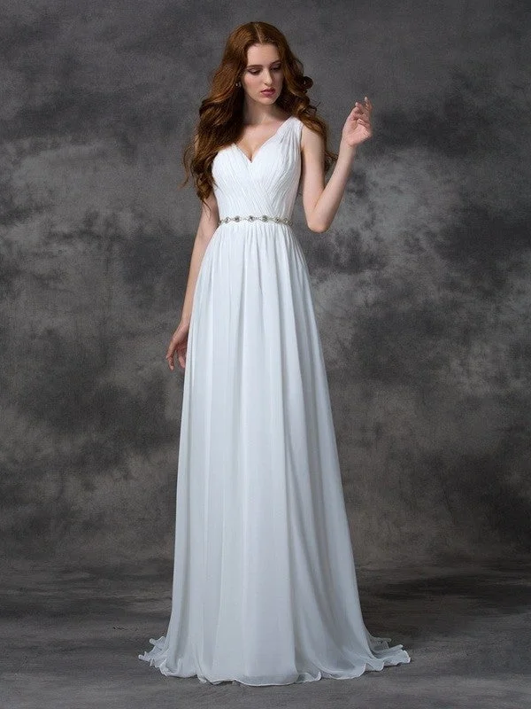 floor-length evening dress-A-line/Princess V-neck Beading Sleeveless Long Chiffon Dresses