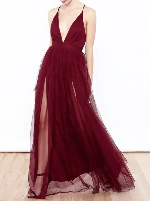 elegant long evening dress-A-Line/Princess V-neck Floor-Length Ruffles Tulle Dresses