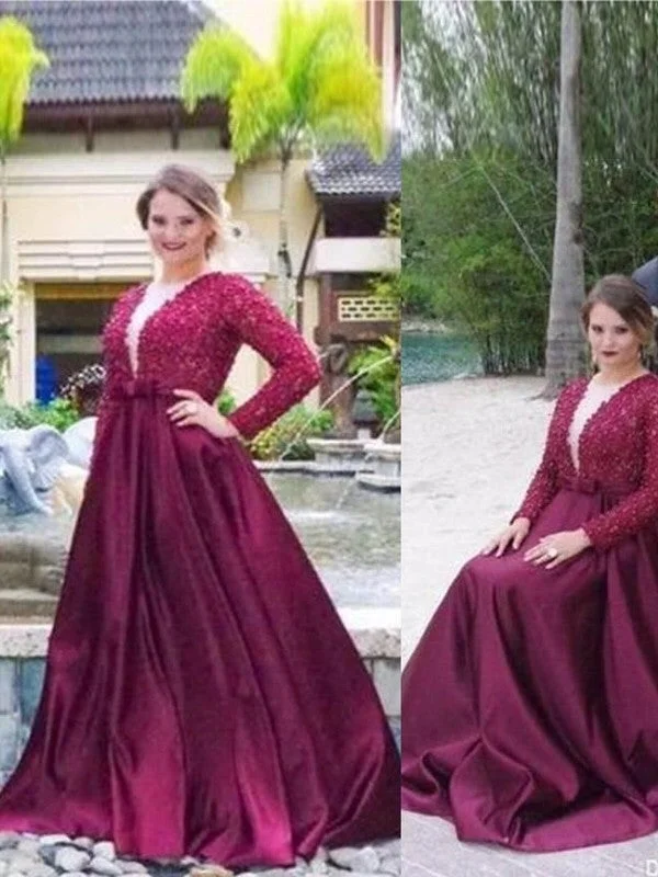 evening dress with pockets-A-Line/Princess V-neck Long Sleeves Beading Sweep/Brush Train Satin Plus Size Dresses