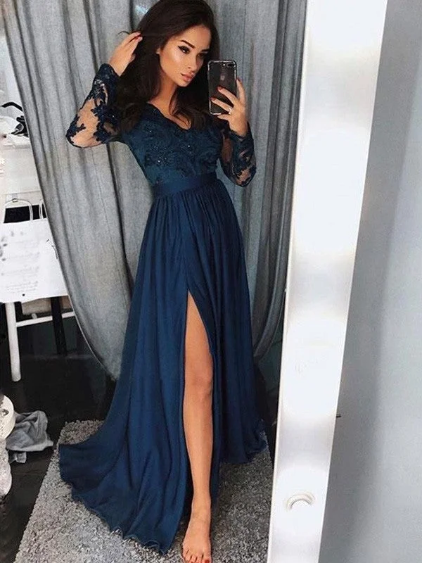 evening dress with illusion neckline-A-Line/Princess V-neck Long Sleeves Sweep/Brush Train Applique Ruched Satin Chiffon Dresses