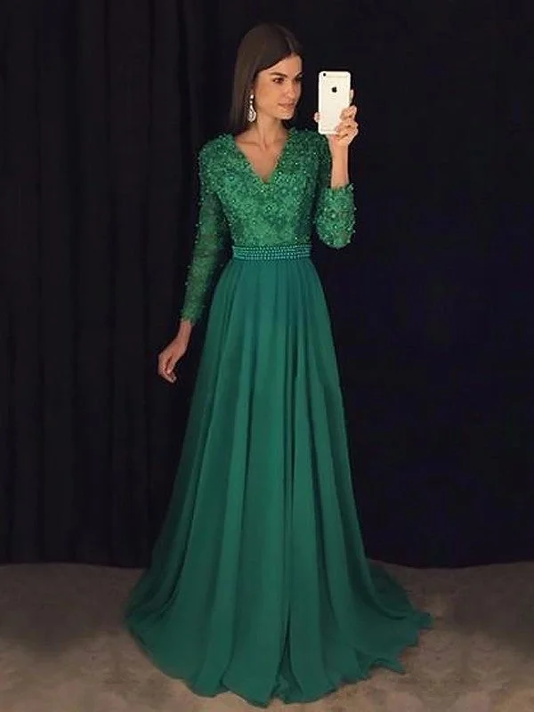 evening dress with beading-A-Line/Princess V-Neck Long Sleeves Sweep/Brush Train Lace Chiffon Dresses