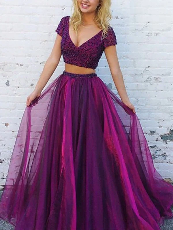 evening dress with back detail-A-Line/Princess V-Neck Short Sleeves Floor-Length Beading Tulle Two Piece Dresses