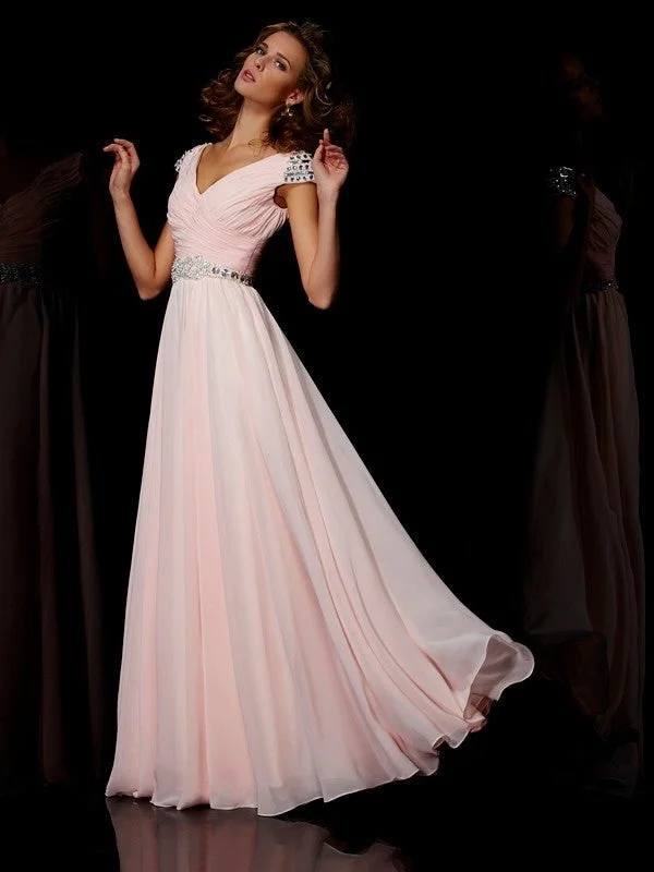 draped evening dress-A-Line/Princess V-neck Short Sleeves Ruffles Long Chiffon Dresses