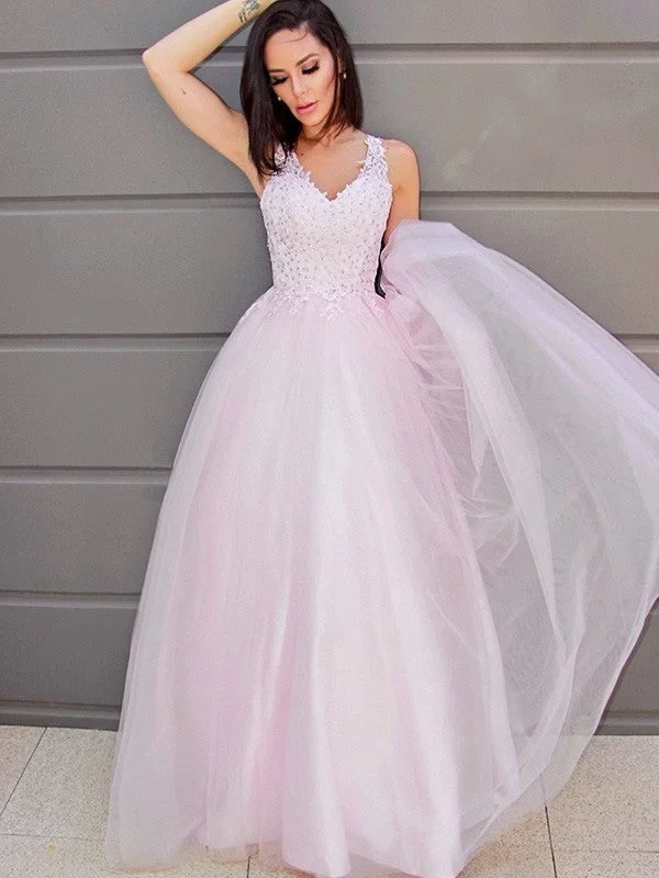 formal red evening dress-A-Line/Princess V-neck Sleeveless Applique Tulle Floor-Length Dresses