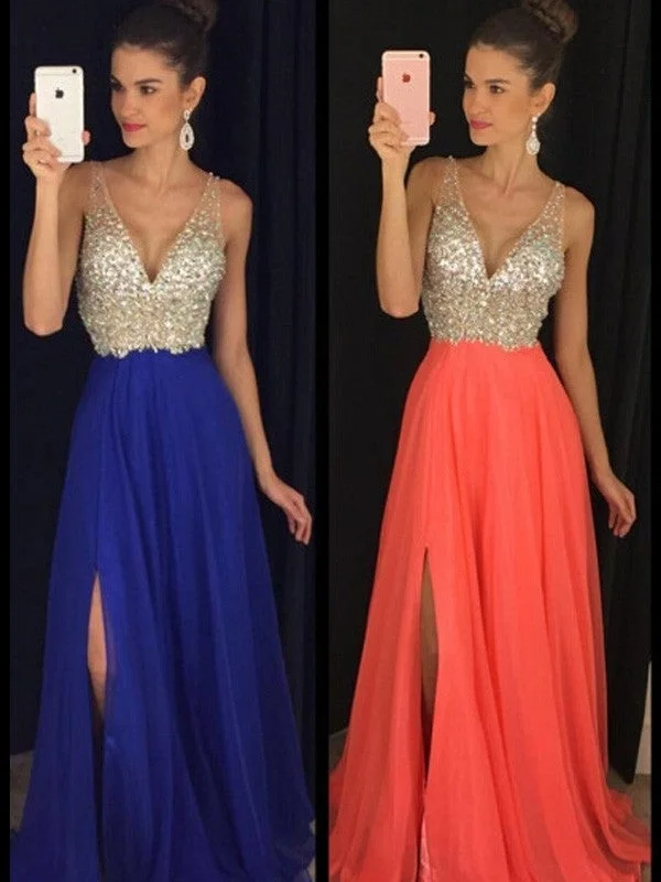 long evening dress-A-Line/Princess V-neck Sleeveless Beading Floor-Length Chiffon Dresses