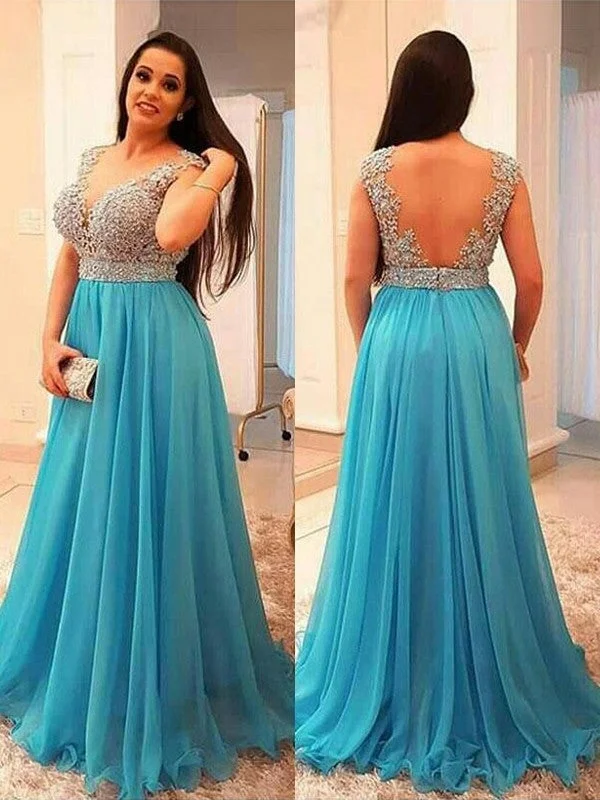 evening dress with belt-A-Line/Princess V-neck Sleeveless Beading Floor-Length Chiffon Plus Size Dresses