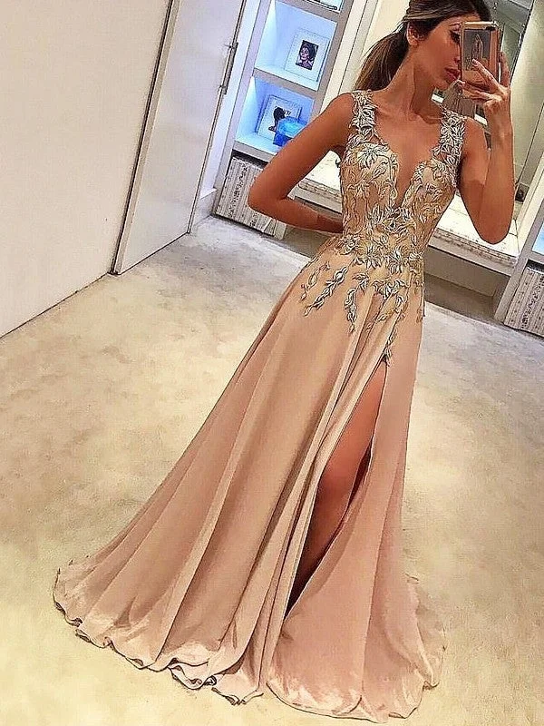 glamorous evening dress-A-Line/Princess V-neck Sleeveless Floor-Length Applique Silk like Satin Dresses