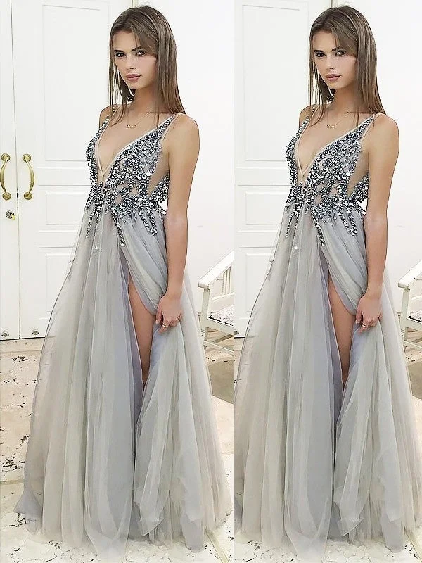 satin evening gown-A-Line/Princess V-Neck Sleeveless Floor-Length Beading Tulle Dresses