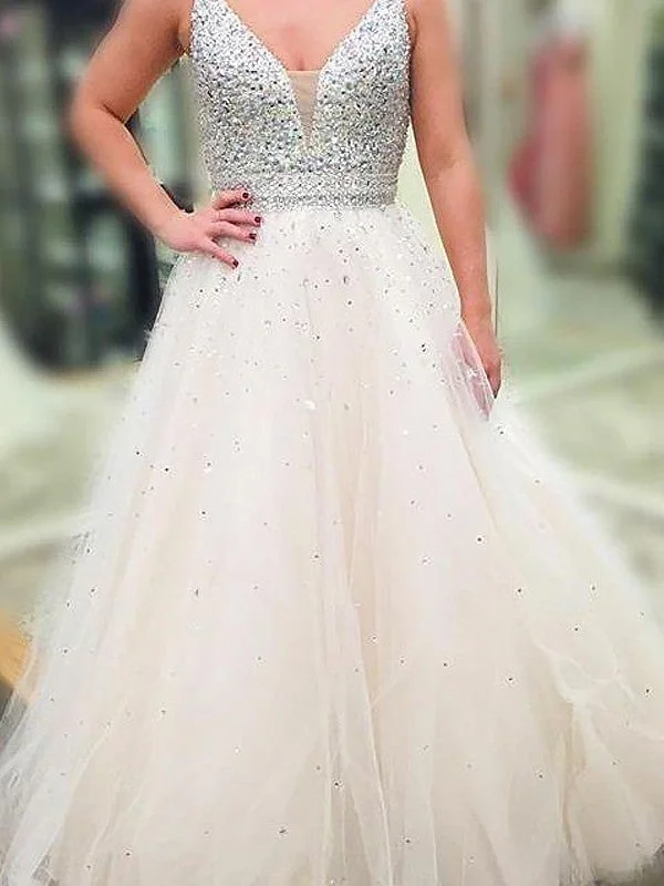 evening dress with pockets-A-Line/Princess V-neck Sleeveless Floor-Length Beading Tulle Dresses