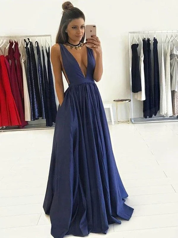 spaghetti strap evening dress-A-Line/Princess V-neck Sleeveless Floor-Length Taffeta Dresses