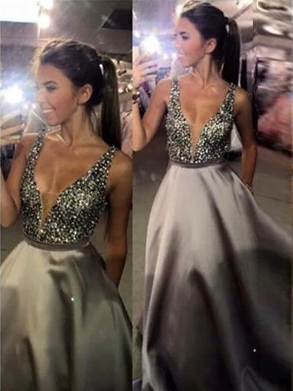 sweetheart neckline evening dress-A-Line/Princess V-Neck Sleeveless Sweep/Brush Train Beading Satin Dresses