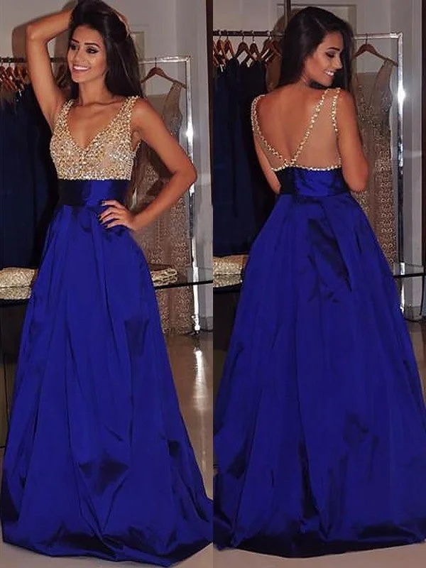 flared evening dress-A-Line/Princess V-neck Sleeveless Sweep/Brush Train Beading Satin Dresses