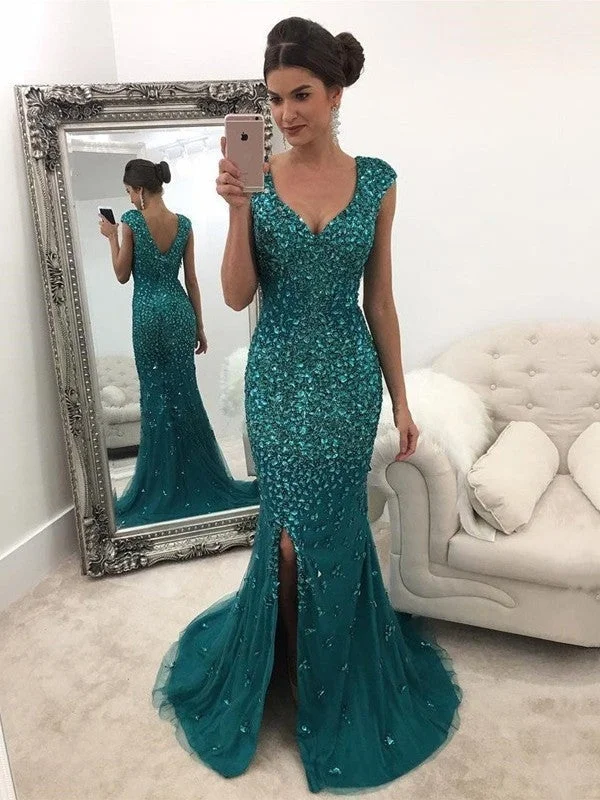 sparkling evening dress-A-Line/Princess V-Neck Sleeveless Sweep/Brush Train Sequin Tulle Dresses