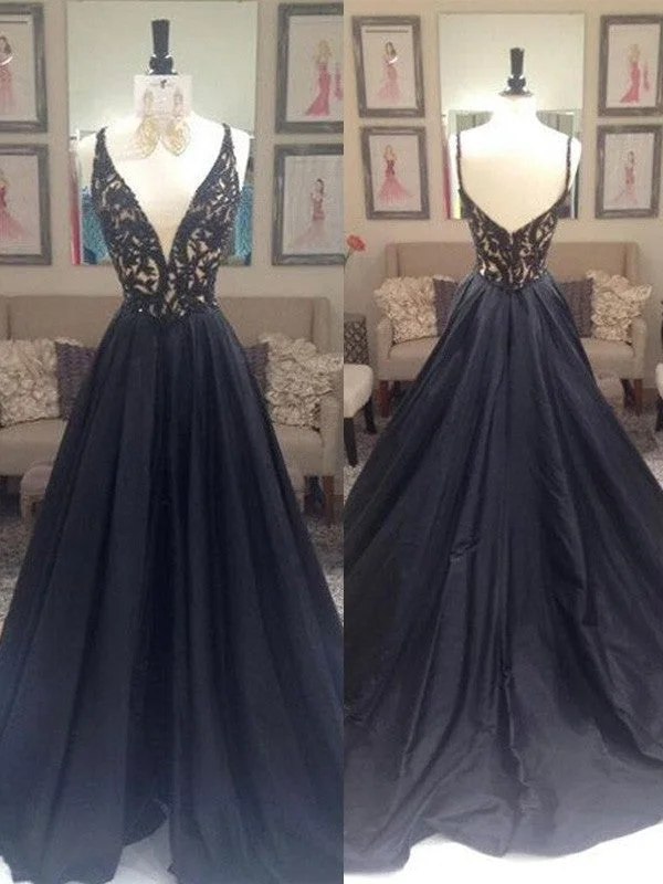 evening dress with slit-A-Line/Princess V-neck Sleeveless Sweep/Brush Train Taffeta Dresses