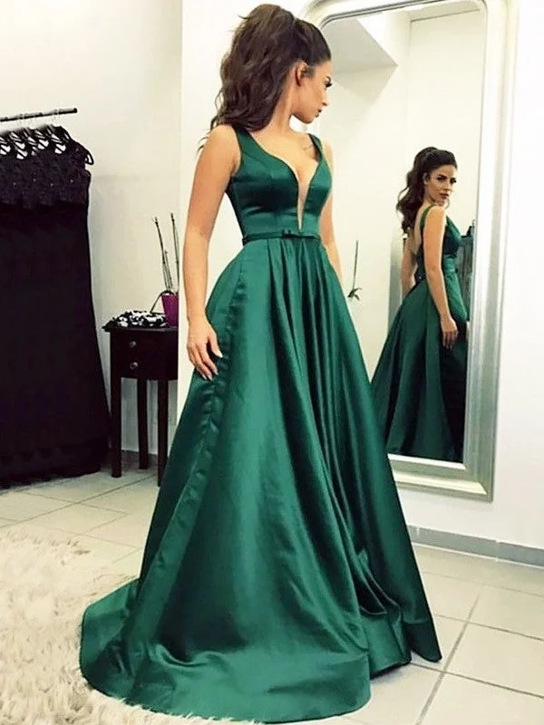 evening dress for bridesmaids-A-Line/Princess V-neck Sweep/Brush Train Ruffles Satin Dresses