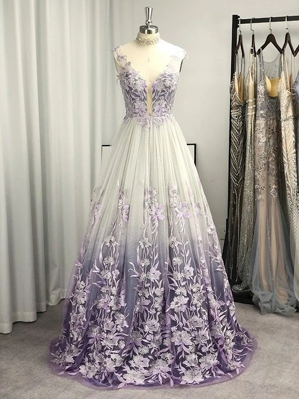 illusion sleeve evening dress-A-Line/Princess V-neck Tulle Applique Sleeveless Floor-Length Dresses