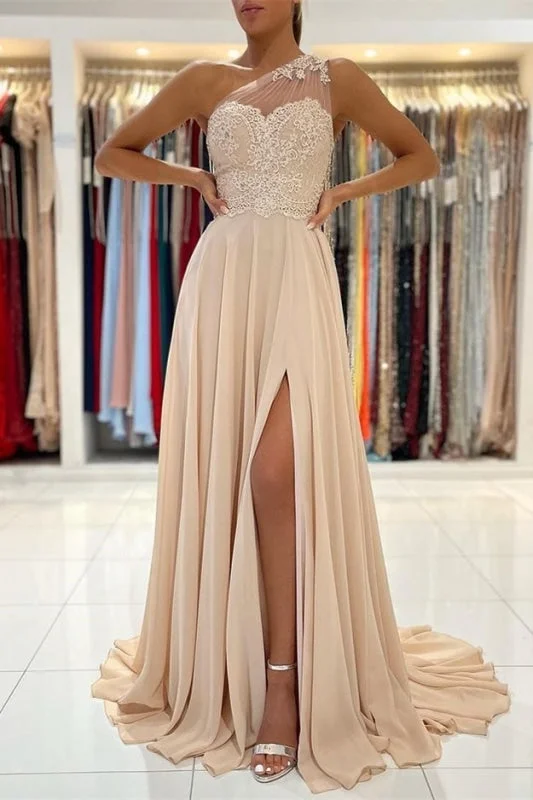 vintage-inspired evening dress-A-Line Sleeveless One-Shoulder Simple Prom Dress with Lace Appliques