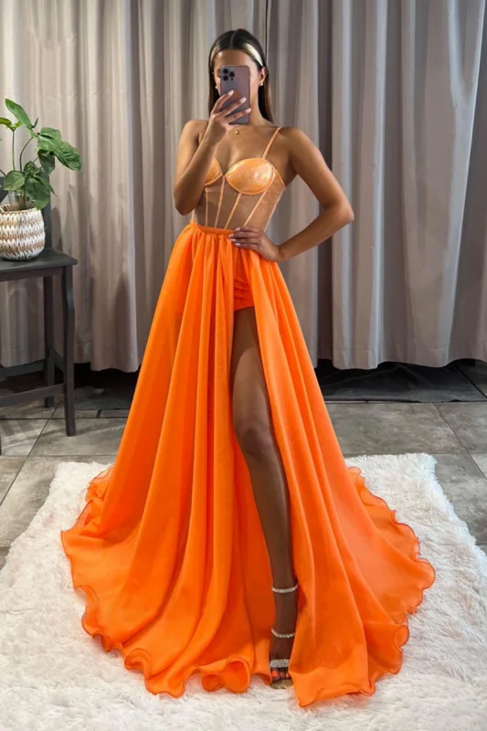 evening dress with crystals-A Line Spaghetti Straps High Split Long Prom Dress in Orange