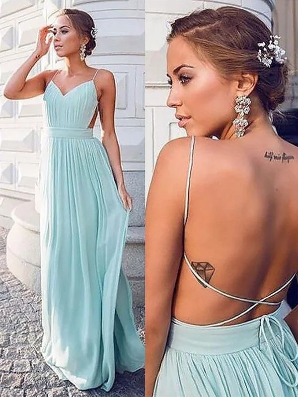 modest evening dress-A-Line Spaghetti Straps Sleeveless Floor-Length With Ruched Chiffon Dresses