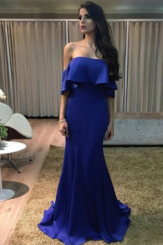 chiffon evening dress-Affordable Graceful Best Royal Blue Charming Off the Shoulder Mermaid Formal Sexy Trumpet Prom Dress