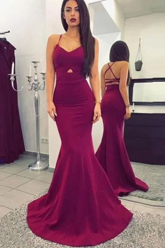 elegant evening dress-Amaranth Red Spaghetti Straps Mermaid Sweep Train Prom Dress with Criss Cross Back