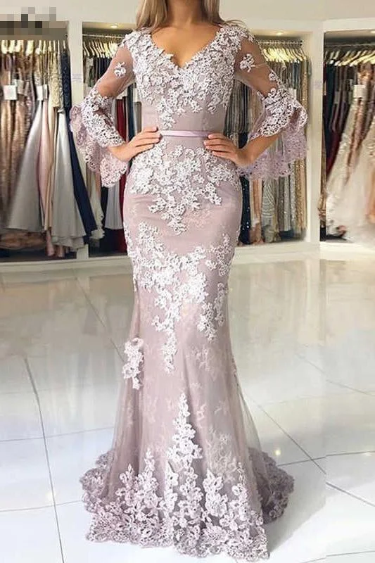 elegant mermaid evening dress-Amazing Awesome Sleek Charming V Neck Long Prom Mermaid Lace Appliqued Evening Dress with Sleeves