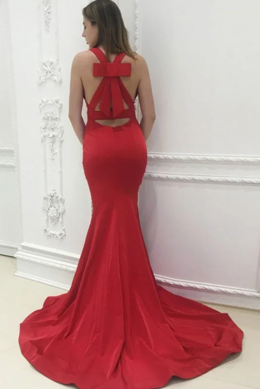 evening dress with bow-Amazing Eye-catching Elegant Unique Back Design Red V-neck Sleeveless Mermaid Sweep Train Prom Dresses