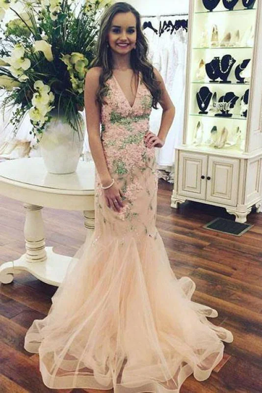 evening dress with crystals-Amazing Graceful Glorious Sexy V-neck Sleeveless Mermaid Tulle Long Prom Dress with Appliques