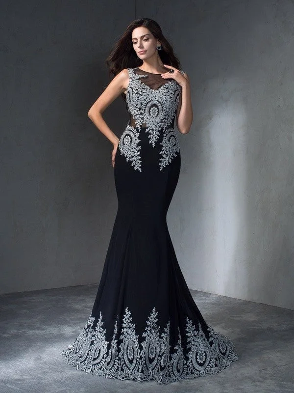 maxi evening dress-Amazing Mermaid Scoop Applique Sleeveless Long Chiffon Dress