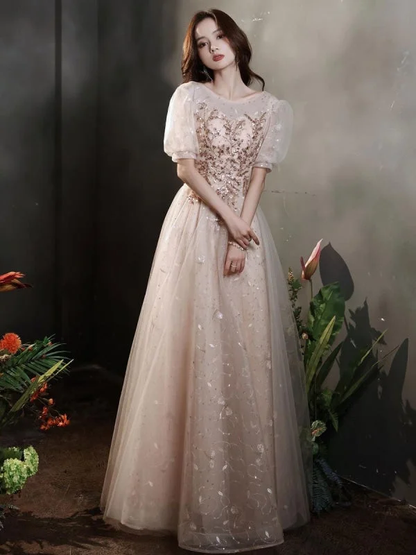 sleeveless evening dress-Apricot Evening Dress A-Line Jewel Neck Half Sleeves Lace-Up Applique Floor-Length Lace Formal Dinner Dresses