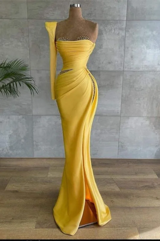 evening dress with high slit-Asymmetrical Prom Dress With Beads in Yellow