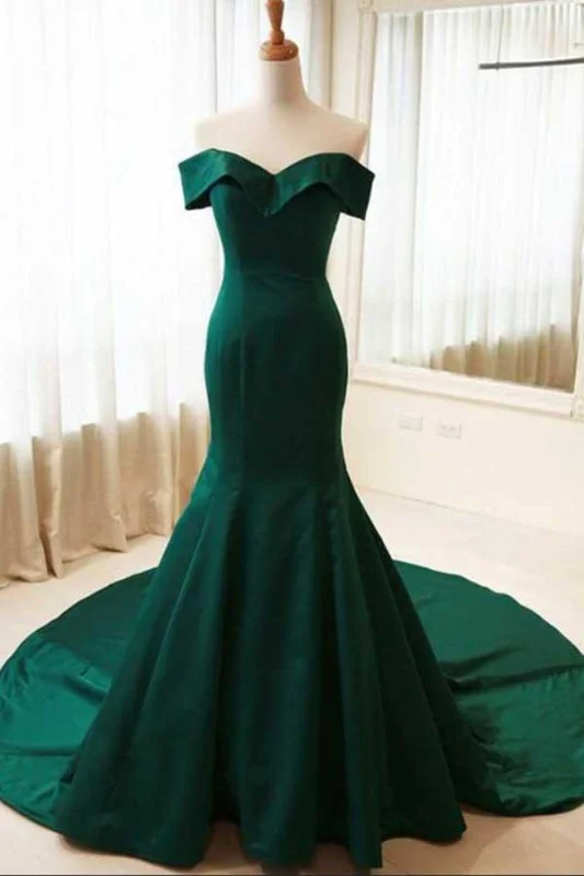 evening dress with train-Attractive Fascinating Attractive Dark Green Off the Shoulder Mermaid Prom Dress Sexy Long Evening Dresses