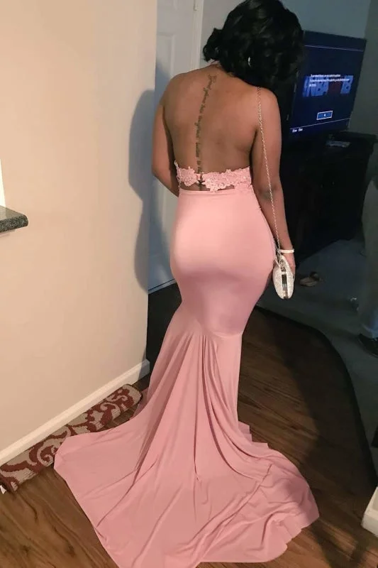 formal black evening dress-Attractive Pink Halter Backless Long Mermaid Prom Dresses with Train