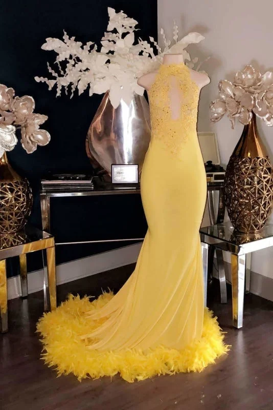 halter neck evening dress-Attractive Yellow Halter Sleeveless Open Back Long Mermaid Prom Dresses