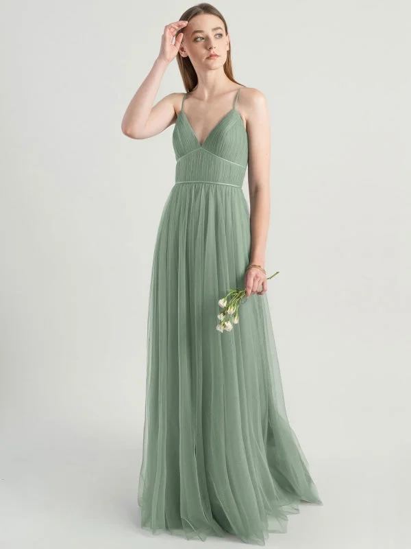 V-neck evening dress-Avocado Green Evening Dress Sleeveless A-Line V-Neck Matte Satin Floor-Length Pleated Social Party Dresses