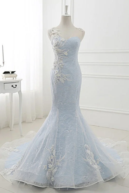 long evening dress-Awesome Fascinating Modest Baby Blue Sweep Train Lace Mermaid Evening Dresses Formal Dress With Applique