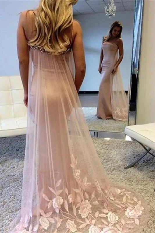 long sleeve lace evening dress-Awesome Glorious Chic Spaghetti Straps Splendid Pink Sleeveless Applique Mermaid Long Prom Dresses