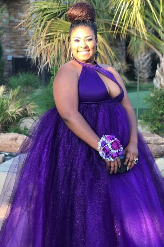 beaded evening dress-Awesome Halter Sleeveless Purple Plus Size Sequin Prom Dresses