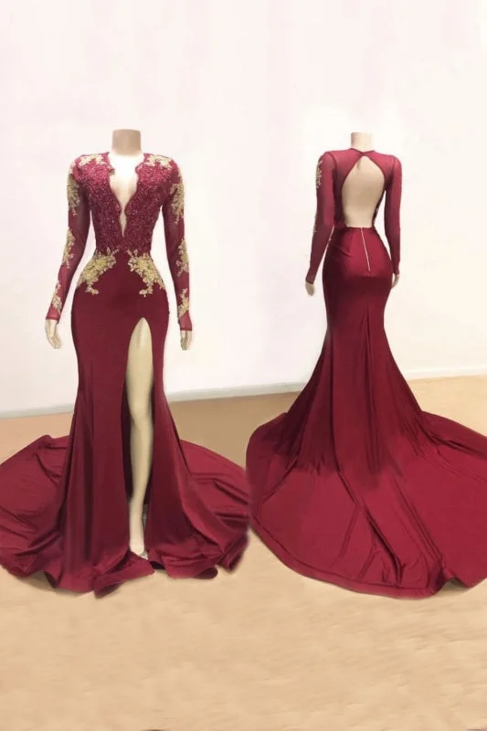 off-the-shoulder evening dress-Awesome V-neck Long Sleeve High Slit Mermaid Prom Dress