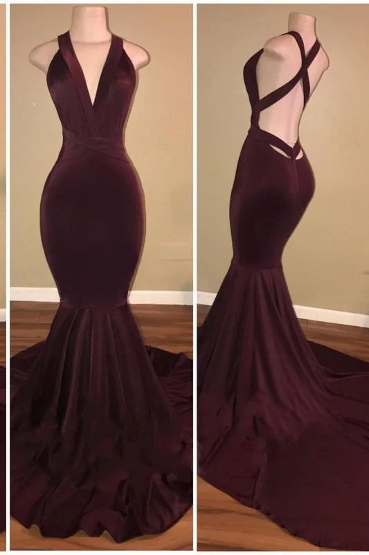 asymmetrical evening dress-B| Bridelily Elegant V-Neck Mermaid Burgundy Long Prom Evening Dresses