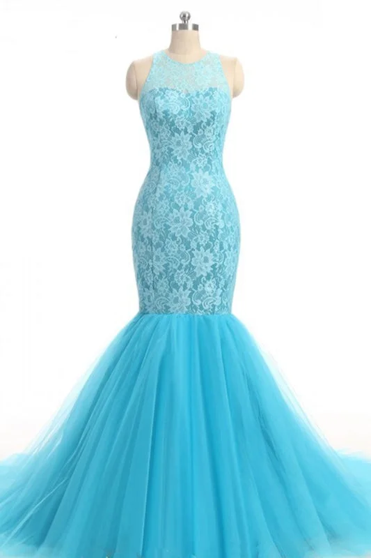 evening dress with back detail-Baby Blue Lace O Neck Long Mermaid Prom Dress