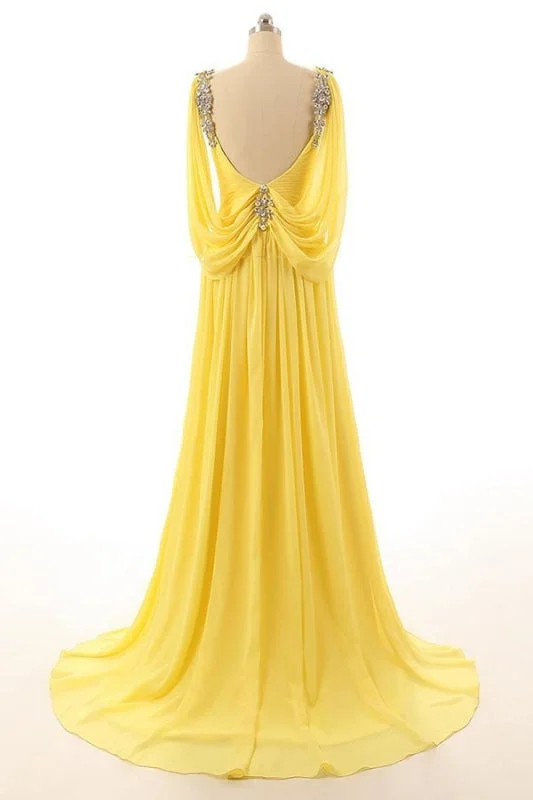 modest evening dress-Backless A Line Yellow Beading Prom Dress