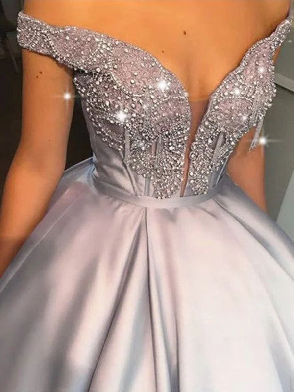 evening dress with belt-Ball Gown Beading Satin Off-the-Shoulder Sleeveless Floor-Length Dresses