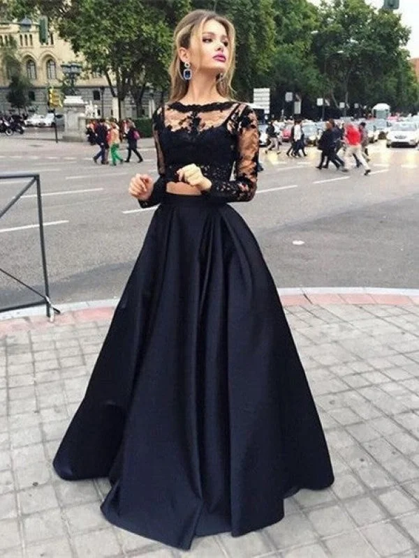 glitter evening dress-Ball Gown Long Sleeves Bateau Satin Floor-Length Dresses