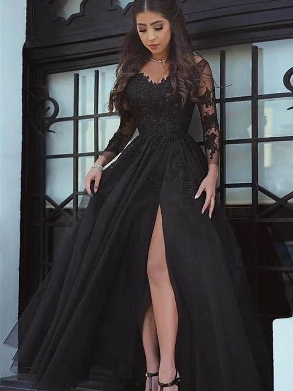 evening dress with pockets-Ball Gown Long Sleeves Off-the-Shoulder Floor-Length Tulle Applique Dress