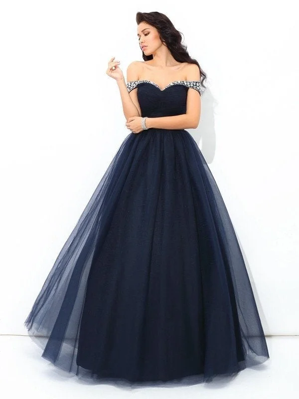 off shoulder evening dress-Ball Gown Off-the-Shoulder Beading Sleeveless Long Net Quinceanera Dresses