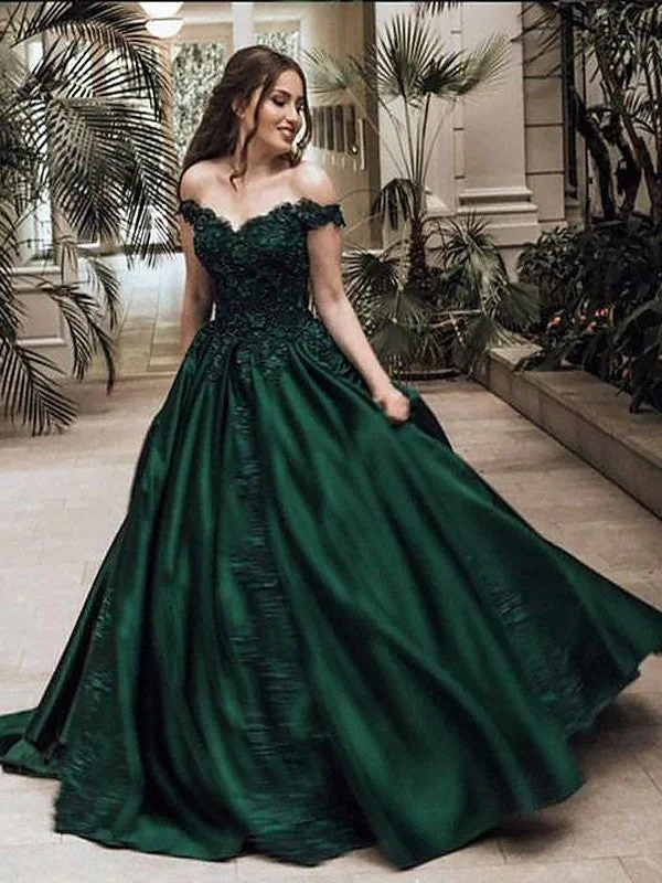 evening dress with illusion back-Ball Gown Off-the-Shoulder Sleeveless Floor-Length Lace Satin Dresses