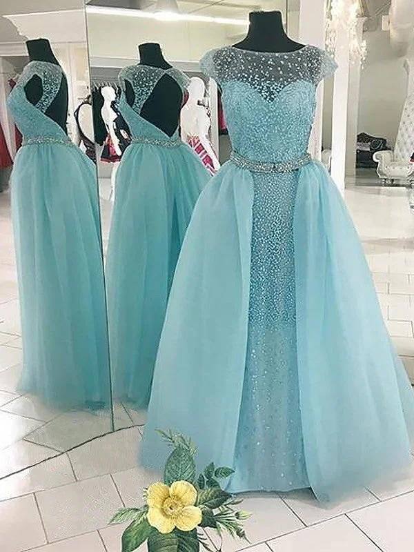 elegant tulle evening dress-Ball Gown Sleeveless Bateau Beading Floor-Length Tulle Dresses