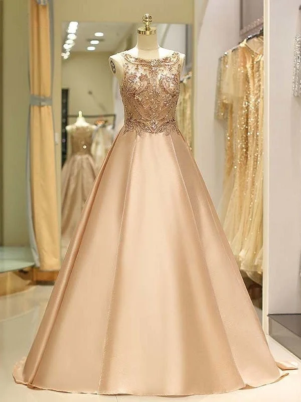 evening dress with jacket-Ball Gown Sleeveless Bateau Sweep/Brush Train Beading Satin Dresses